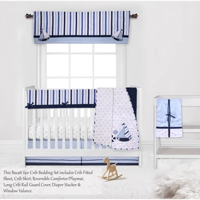 Bacati - Little Sailor Anchor Boat Blue Navy 6 Pc Crib Bedding Set With Long Rail Guard Cover 3 Bacati - Little Sailor Anchor Boat Blue Navy 6 Pc Crib Bedding Set With Long Rail Guard Cover - Image 3