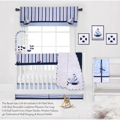 Bacati - Little Sailor Anchor Boat Blue Navy 10 Pc Crib Bedding Set With Long Rail Guard Cover 3 Bacati - Little Sailor Anchor Boat Blue Navy 10 Pc Crib Bedding Set With Long Rail Guard Cover - Image 3