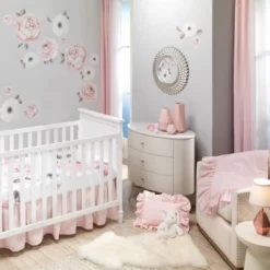 Lambs & Ivy Floral Garden Watercolor/Pink Linen 5-Piece Baby Crib Bedding Set