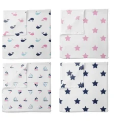 Bacati - Little Sailor Blue/Navy/Pink Girls Muslin Swaddling Blankets Set Of 4