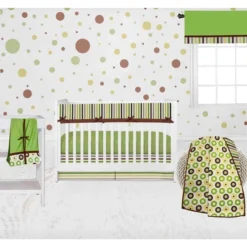 Bacati - Mod Dots Stripes Green Yellow Beige Brown 6 Pc Crib Bedding Set With Long Rail Guard Cover