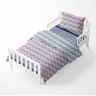 Bacati - Emma Coral/Mint/Navy Triangles Muslin 4 Pc Toddler Bedding Set 1 Bacati - Emma Coral/Mint/Navy Triangles Muslin 4 Pc Toddler Bedding Set