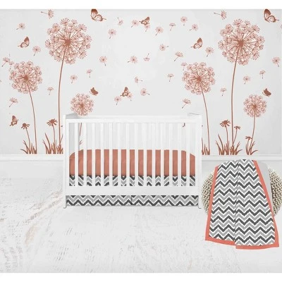 Bacati - Ikat Dots Stripes Coral Grey Muslin Girls 10 Pc Crib Set With Wall Hangings & Mobile 4 Bacati - Ikat Dots Stripes Coral Grey Muslin Girls 10 Pc Crib Set With Wall Hangings & Mobile - Image 4